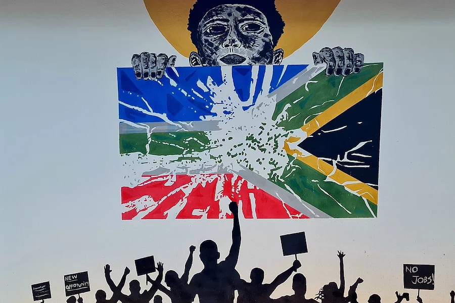The artwork, created by the artist Lwanda Mthengenya, shows citizens demonstrating for accountability while the country faces high unemployment and political crises.