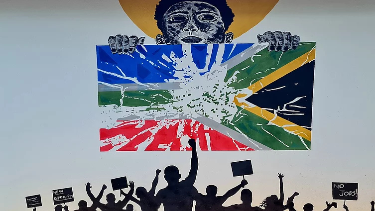 The artwork, created by the artist Lwanda Mthengenya, shows citizens demonstrating for accountability while the country faces high unemployment and political crises.