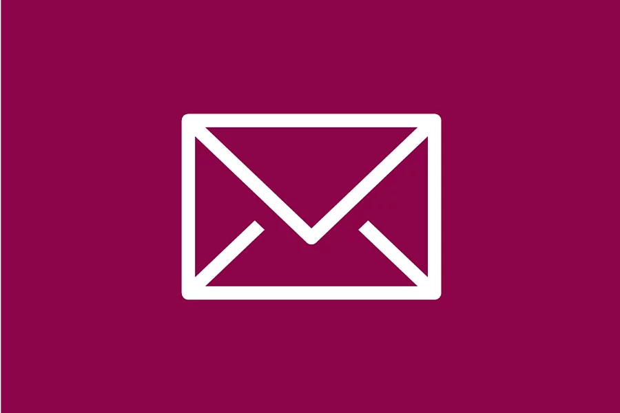 This FES icon shows a white envelope symbol on a dark red background used for a newsletter.