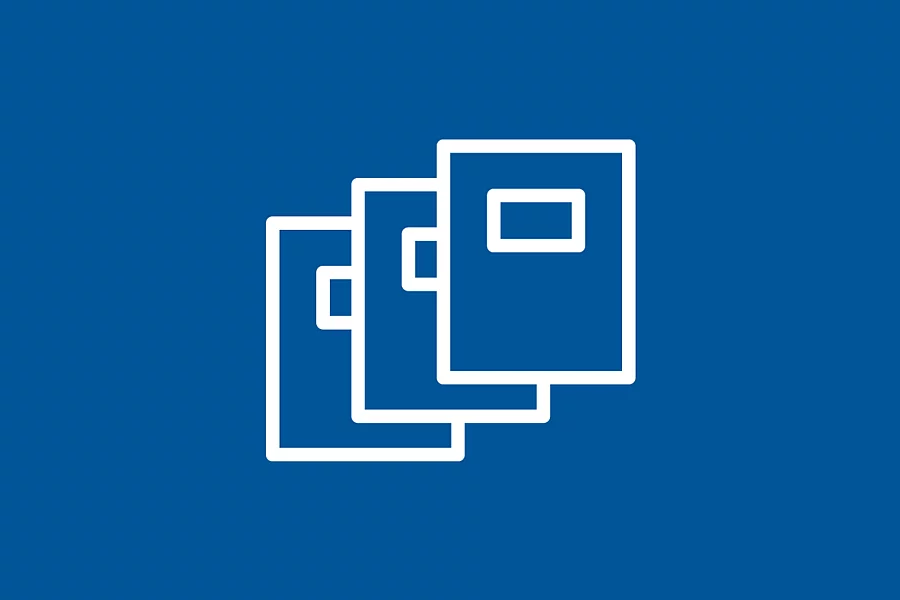 The FES Icon shows white covers on a dark blue background used for publications