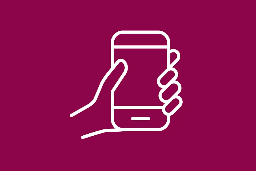This white FES icon on a dark red background symbolises a hand holding a smartphone.