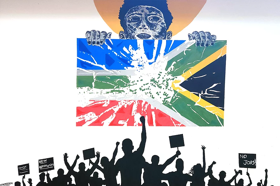 Illustrated mural depicting a person's face emerging above a South African flag that appears to be shattering outward, with two clenched fists gripping the flag's top edge. Below, a black silhouette of a crowd raises fists and protest placards, one visibly reading "No Jobs" and another partially reading "New Opportu[nity]."